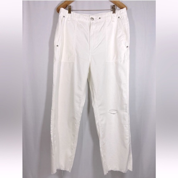 RAG & BONE White Cotton Straight Wide Leg Crop Pants Raw Hem Distressed Pants - Picture 2 of 14